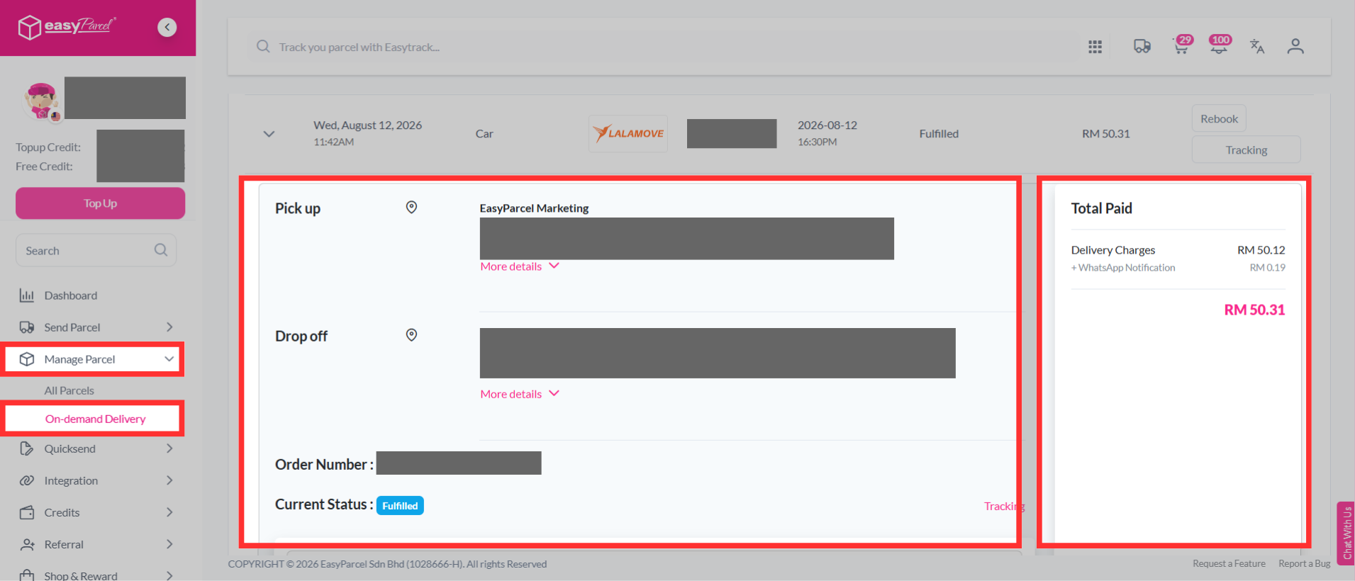 Screenshot of the On-Demand Parcel management page featuring tracking and booking details.