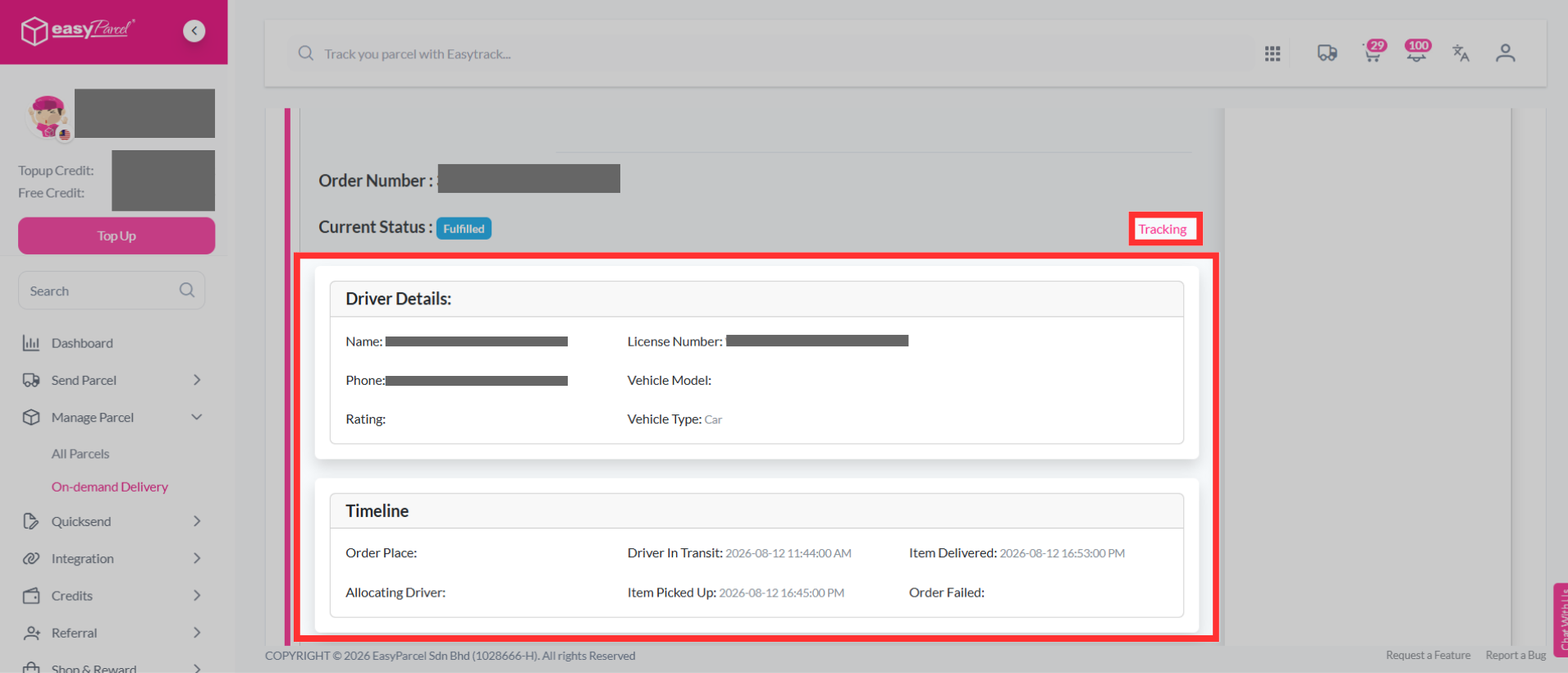 Screenshot of the On-Demand Parcel management page featuring tracking and booking details.