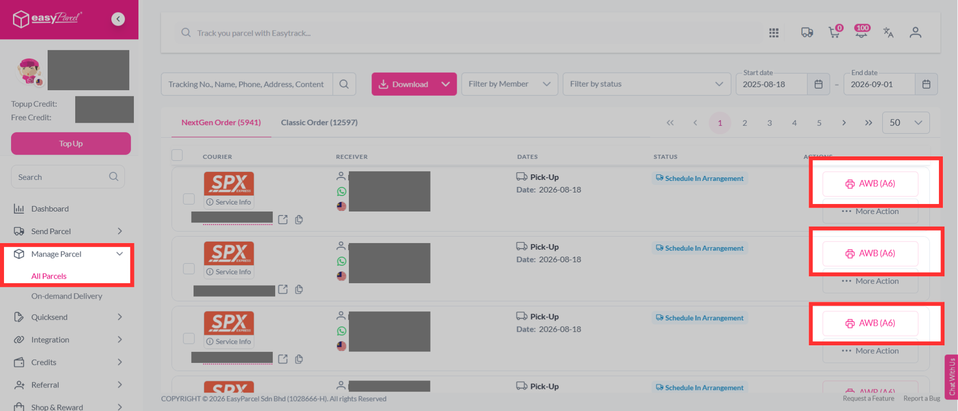 Interface showing the 'All Parcels' list with the sticker icon highlighted for AWB download.