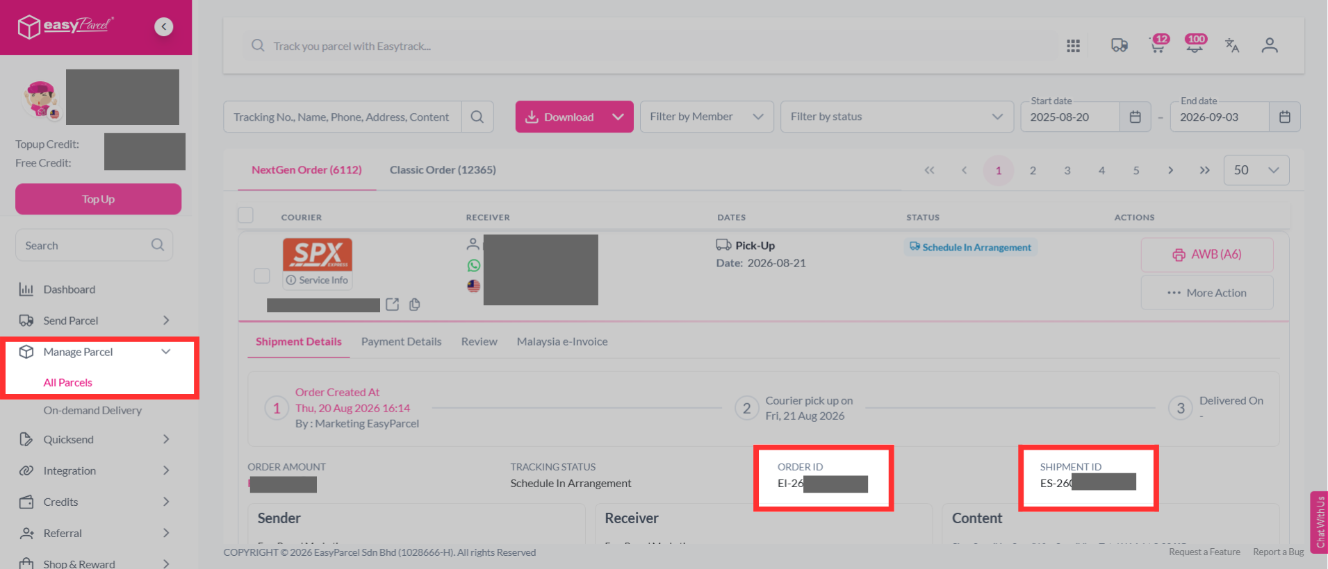 Detailed view of a parcel order highlighting where to find and copy the specific Parcel ID.