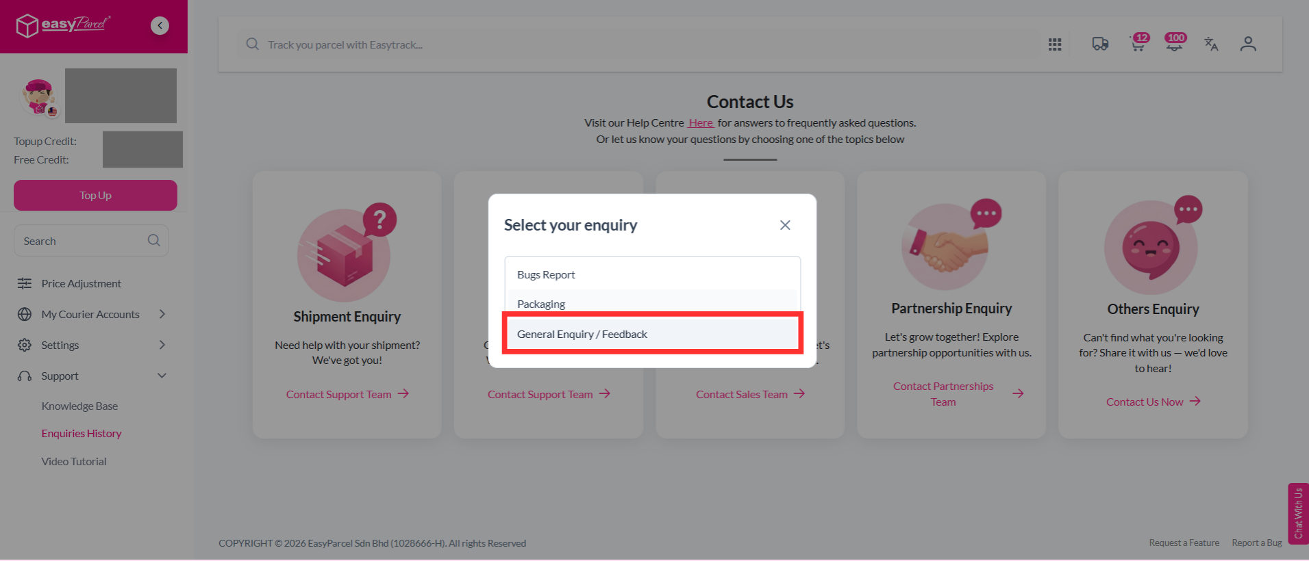 Dropdown menu selecting 'General Enquiry or Feedback' from the inquiry type options.
