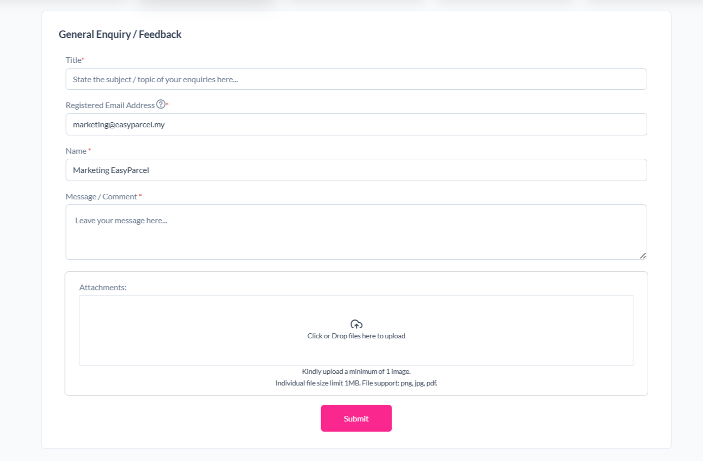 Completed support contact form with parcel ID, explanation of the issue, and attachment field filled in.