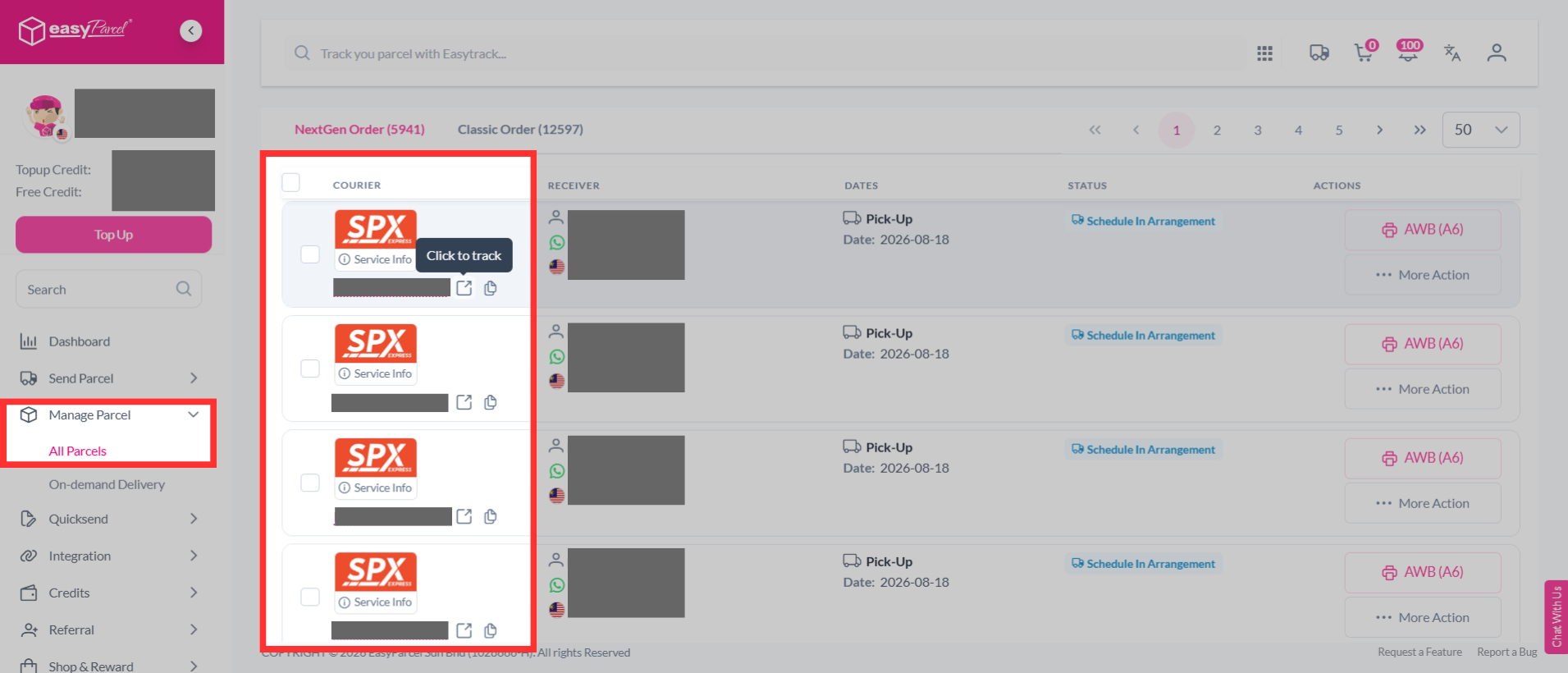 EasyParcel dashboard showing the All Parcel section with a highlighted tracking number.