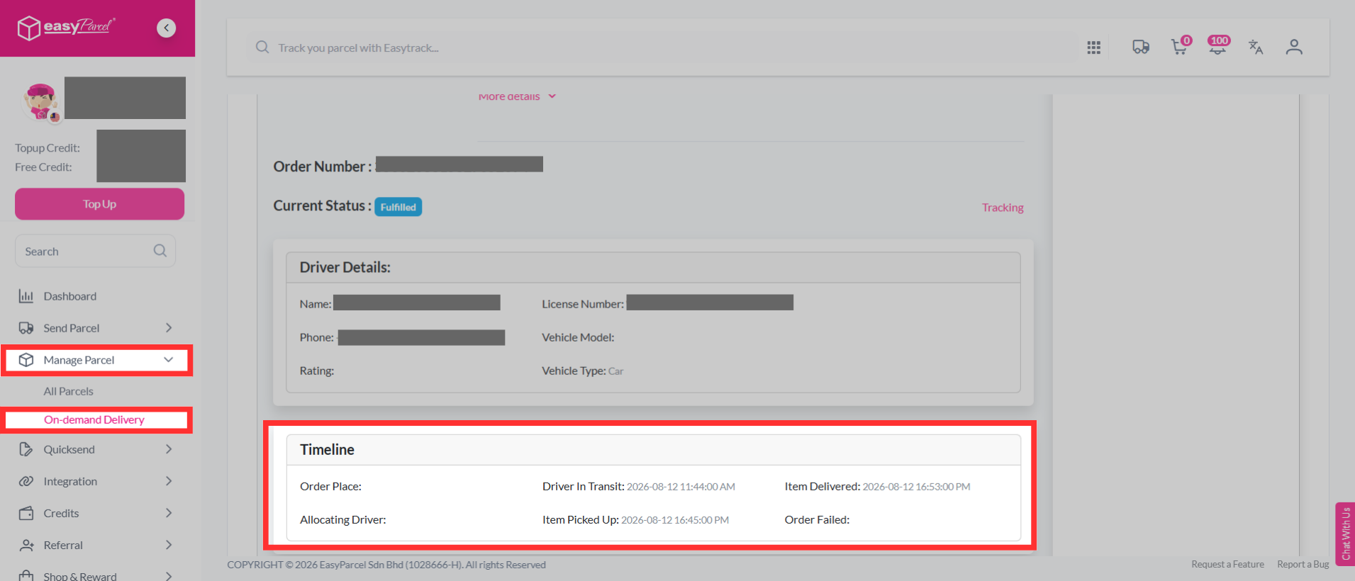 On-Demand parcel timeline showing pickup and delivery stages.
