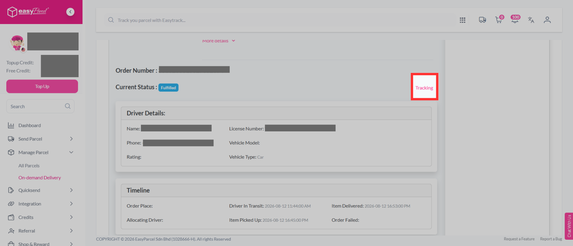 View Tracking button highlighted on the On-Demand parcel details page.