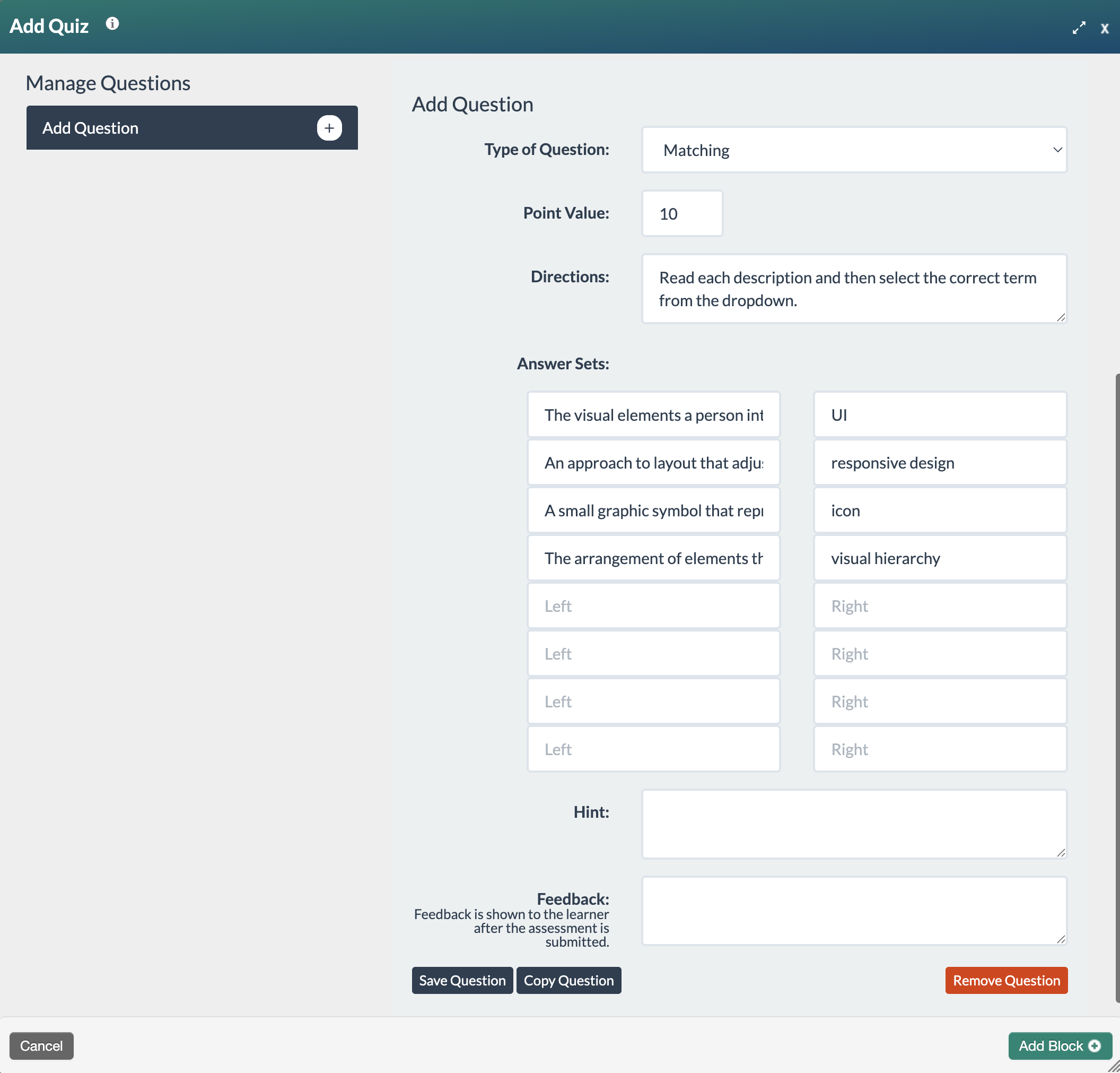 screenshot of the matching question form