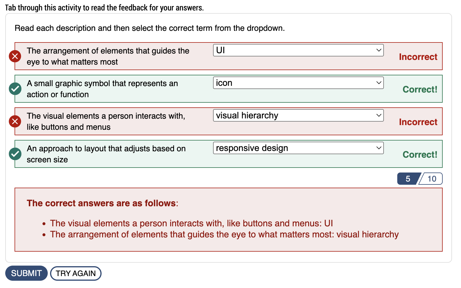 screenshot of incorrect answer
