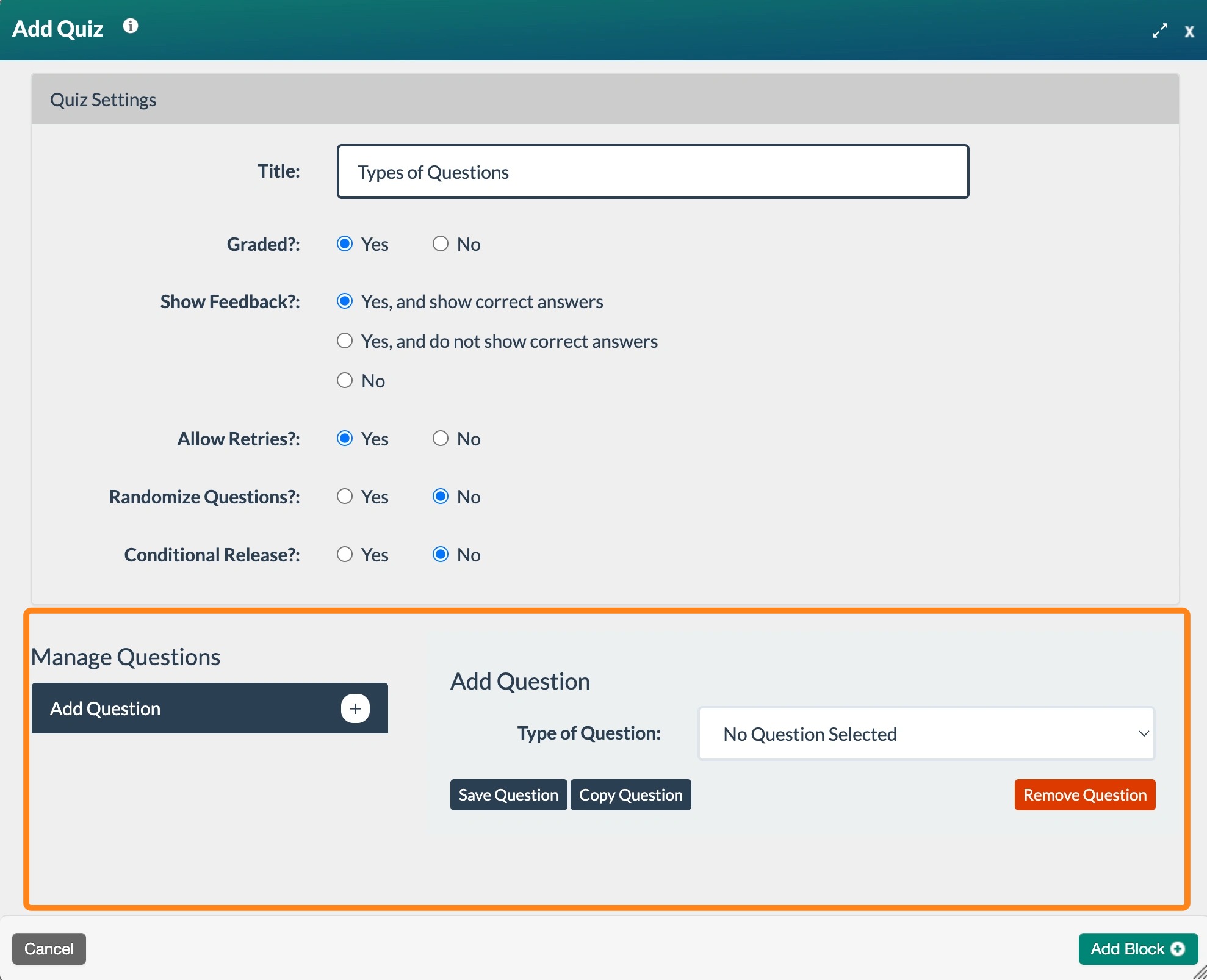 screenshot of the quiz block form with the manage questions area highlighted.