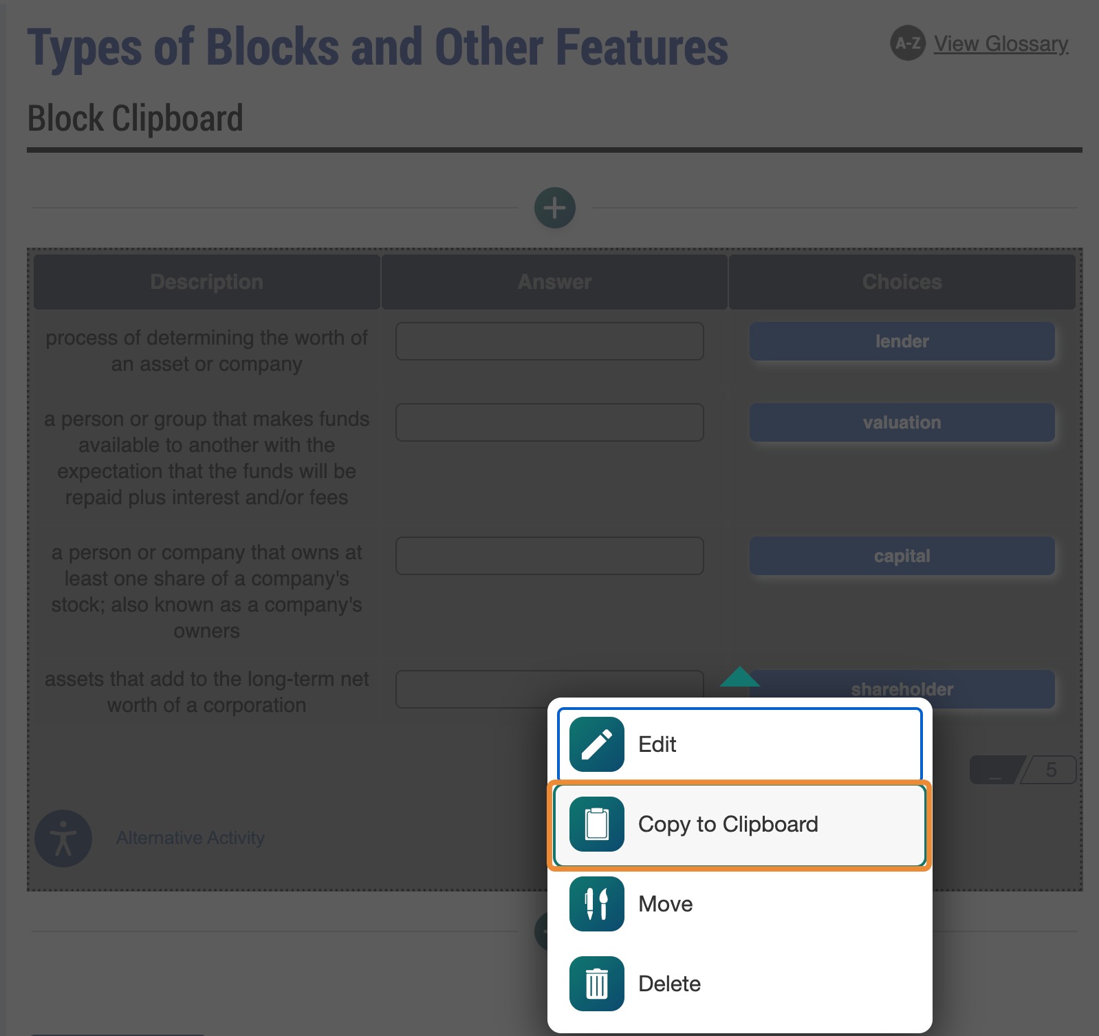 block pop up window with Copy to Clipboard selected