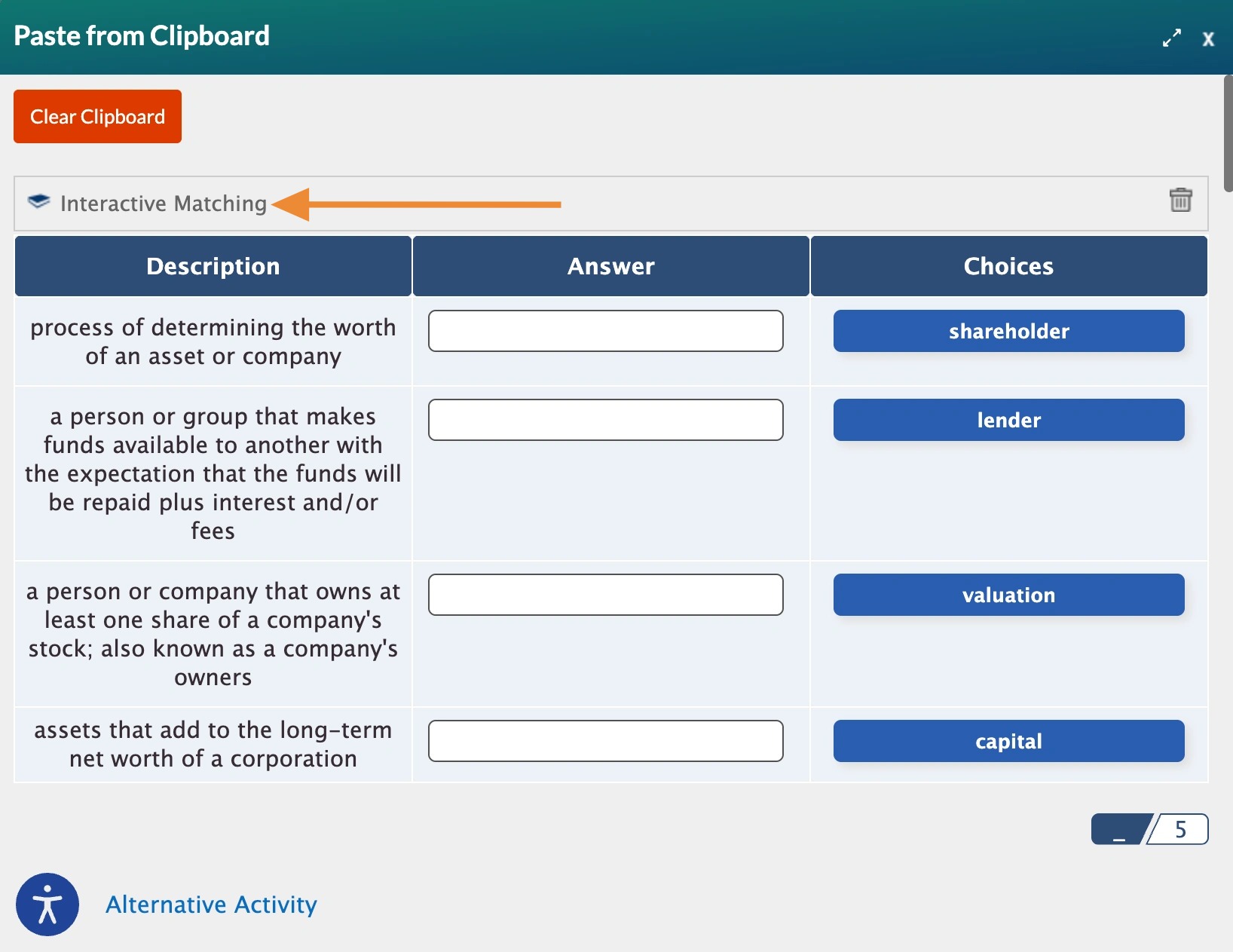 screenshot of the paste to clipboard screen