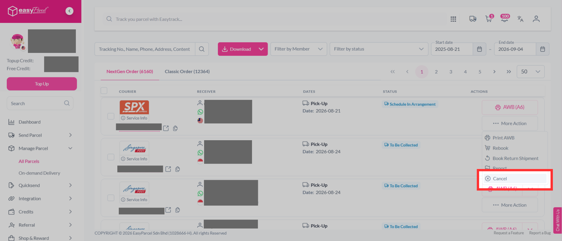 Selecting the three lines menu and clicking Cancel Parcel for the specific order
