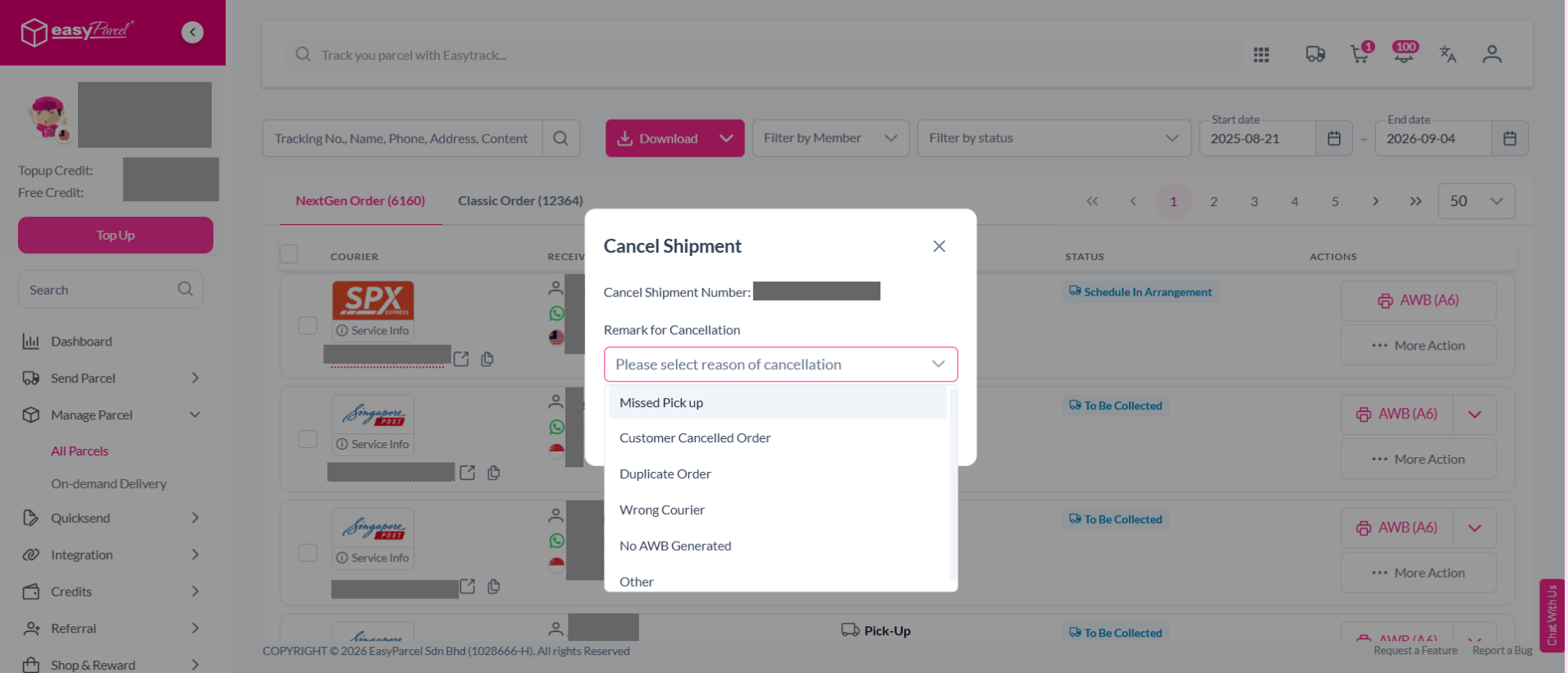 Selecting the three lines menu and clicking Cancel Parcel for the specific order