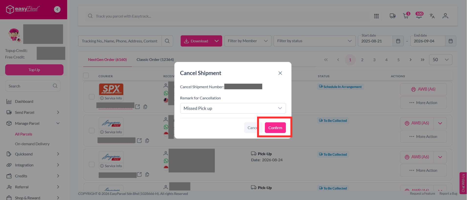 Selecting the three lines menu and clicking Cancel Parcel for the specific order