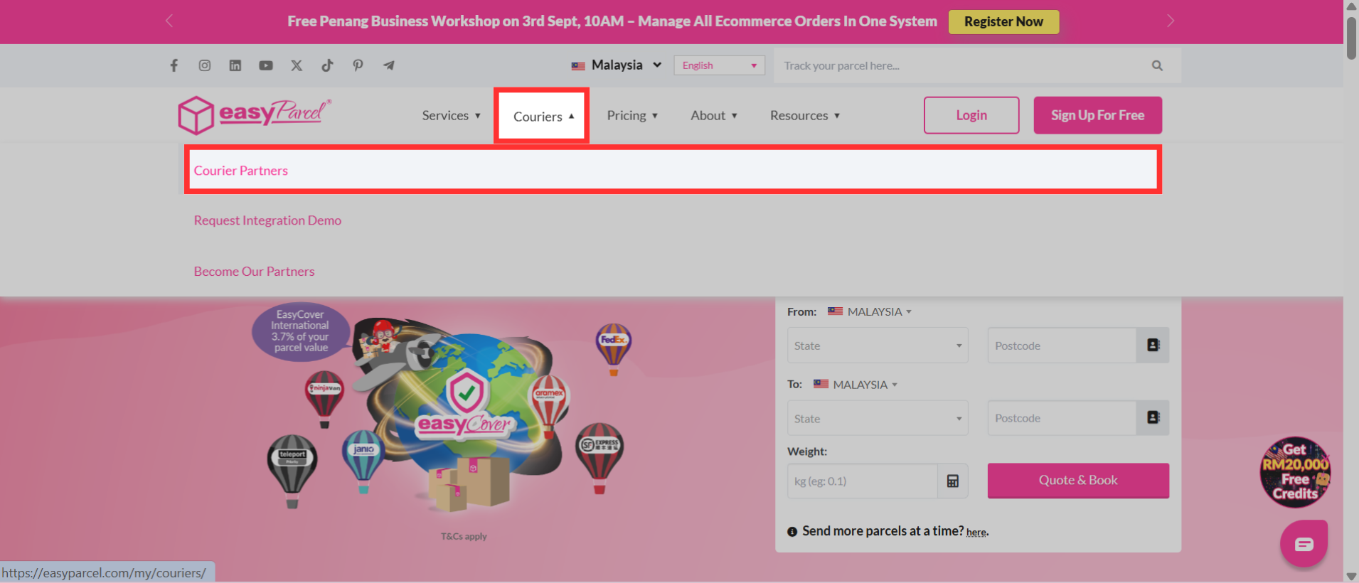 Navigating to the Our Couriers page through the Integrations menu on the EasyParcel homepage
