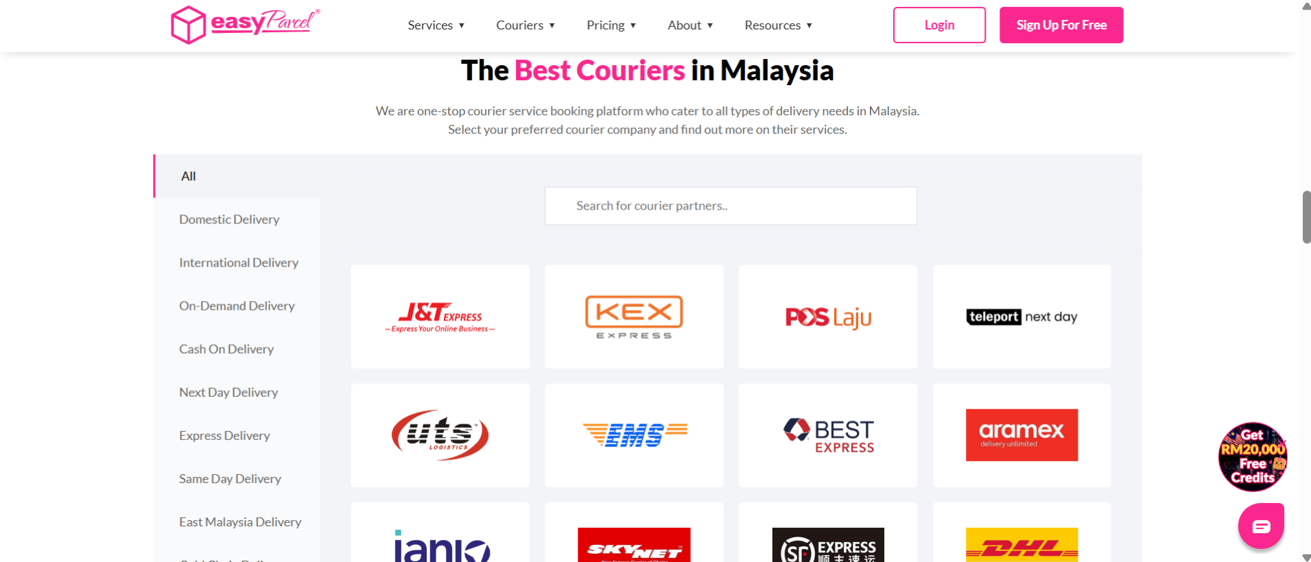 The courier selection list featuring various logos of shipping partners available on EasyParcel