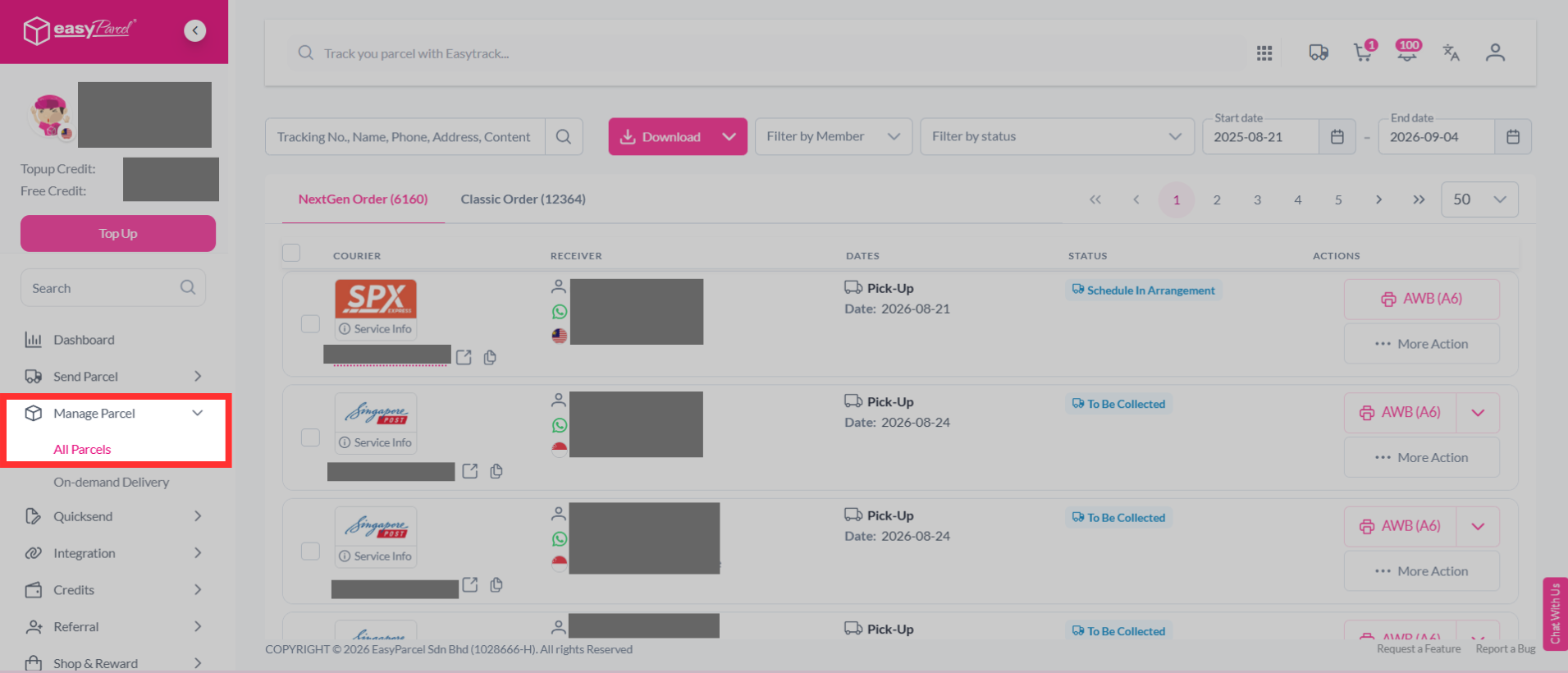 Navigation menu showing Manage Parcel and All Parcel options in the EasyParcel dashboard