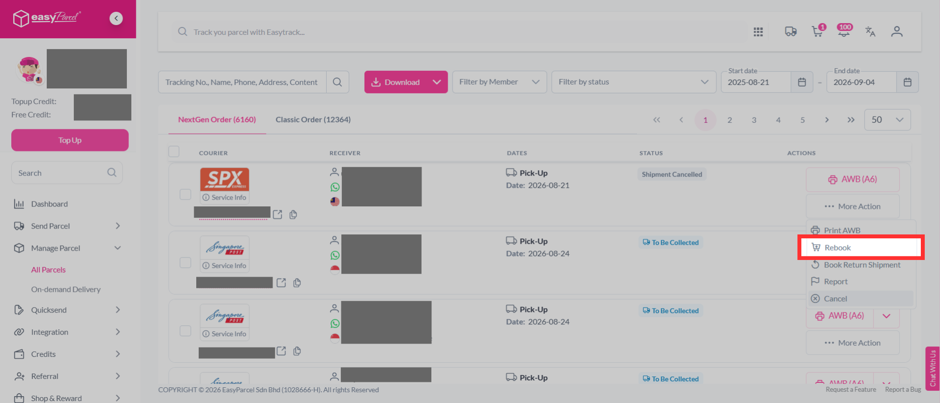 Location of the Rebook Parcel button within the shipment list