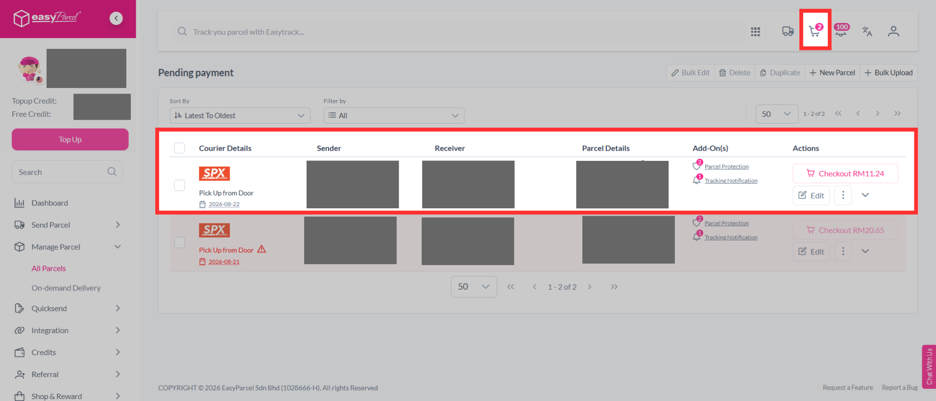 Checkout screen in My Cart showing the duplicated shipment ready for payment