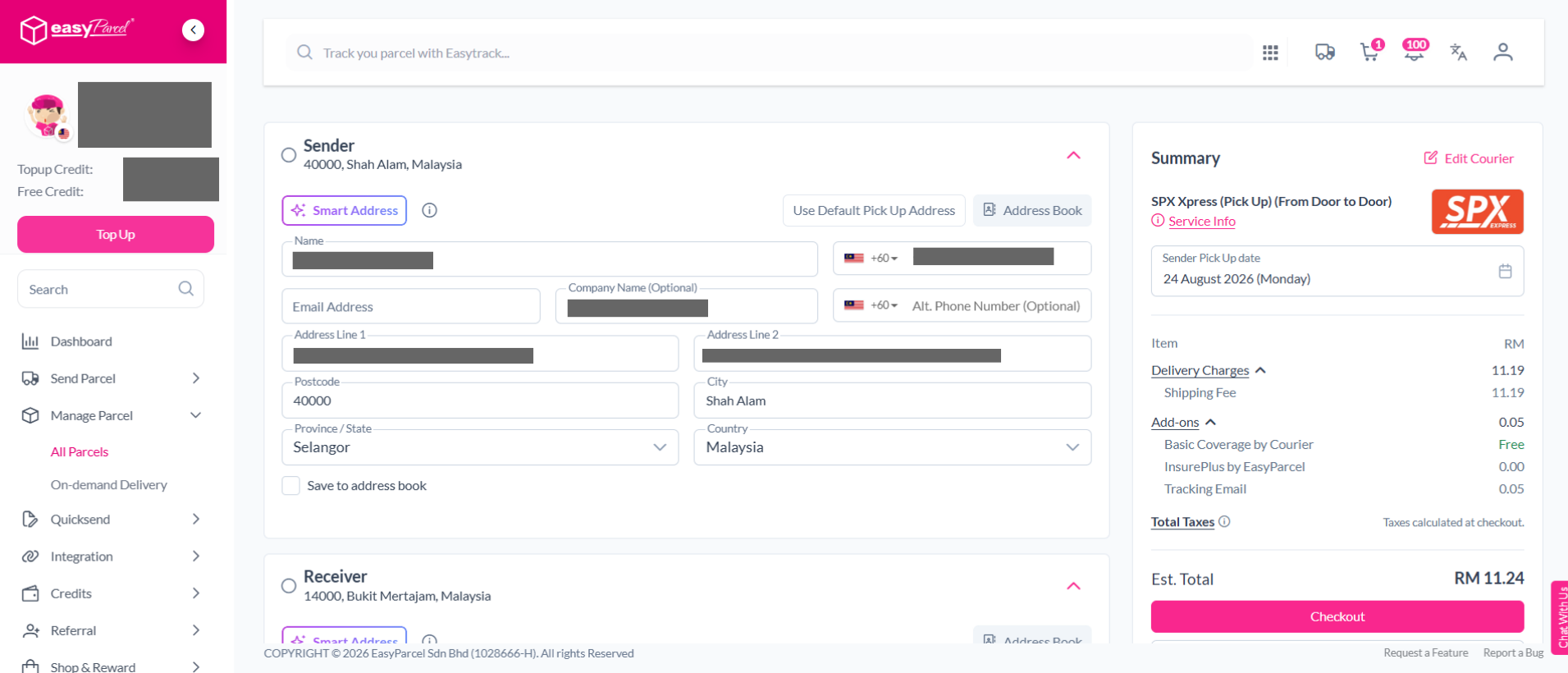 Checkout screen in My Cart showing the duplicated shipment ready for payment