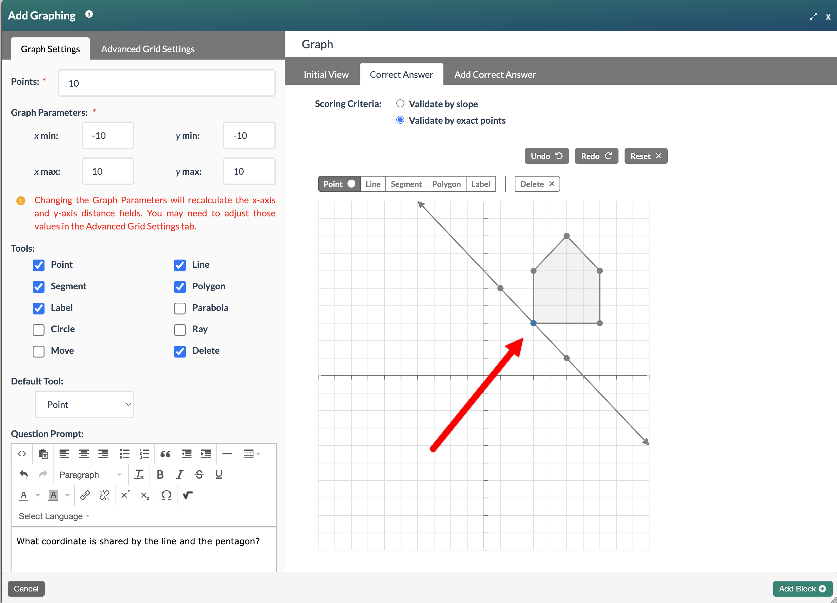 screenshot of Add Graphing modal with all Tools selected and corresponding buttons prior to the graph with a sample prompt and graph with an arrow pointing at the answer point (3,3)