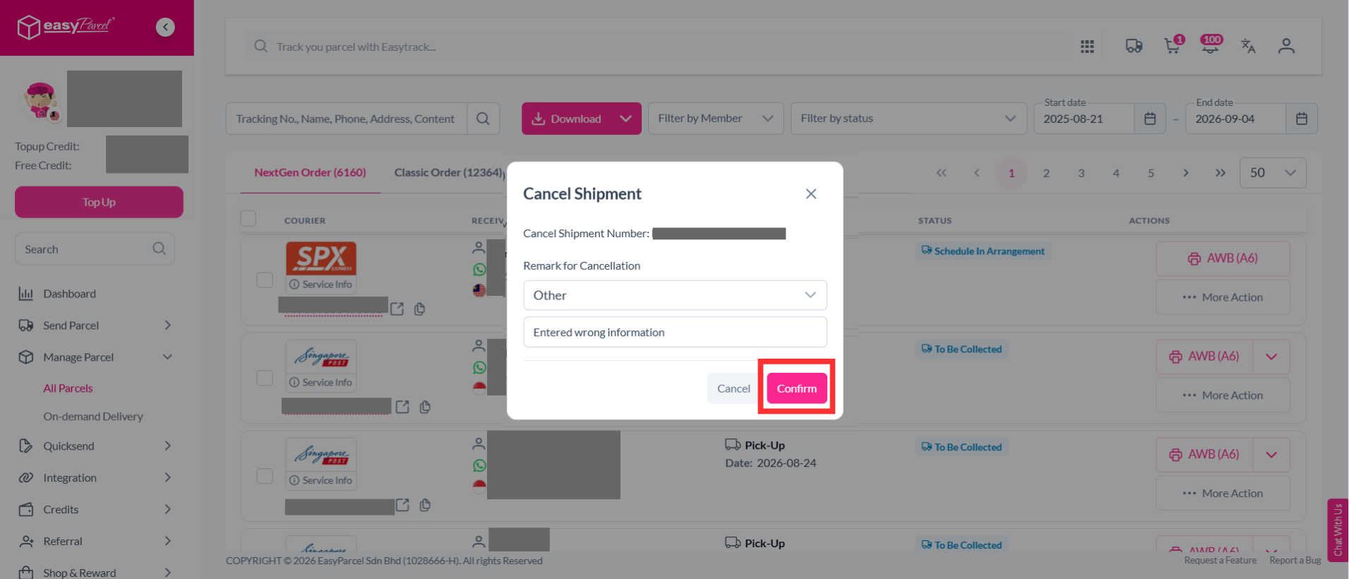 Selecting the three lines menu and clicking Cancel Parcel