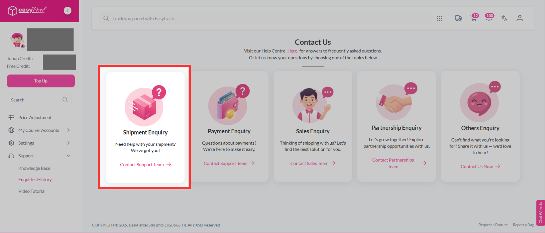 Dropdown menu with Others option selected for shipment enquiry