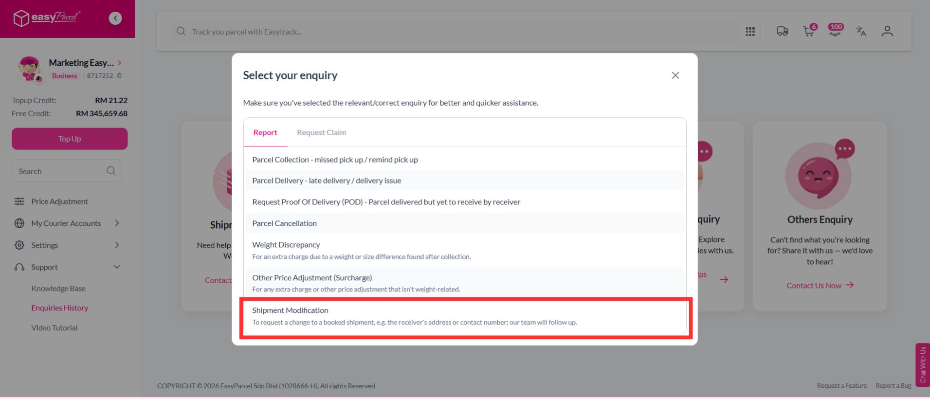 Dropdown menu with Others option selected for shipment enquiry