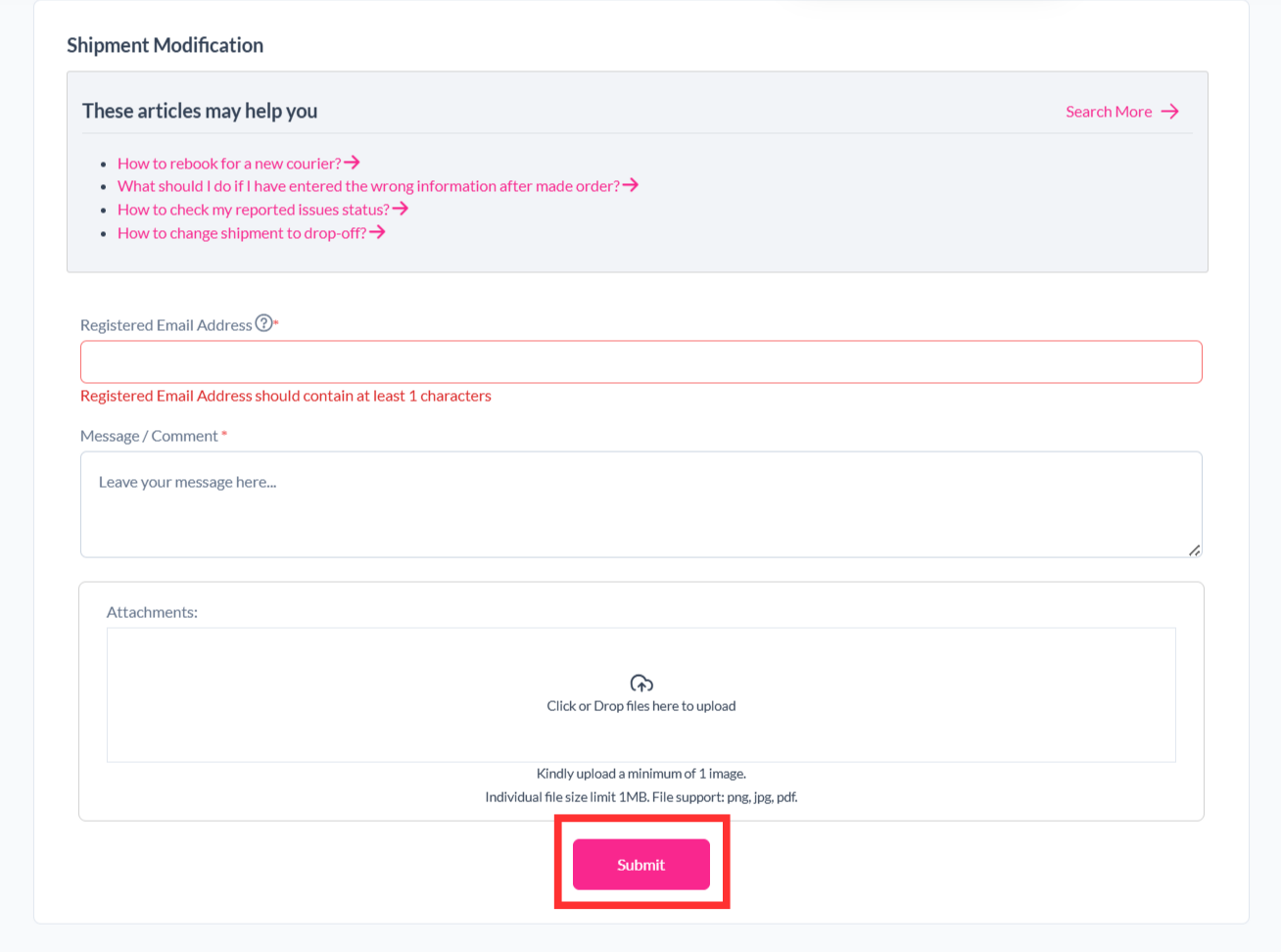 Shipment enquiry form filled with incorrect parcel information details