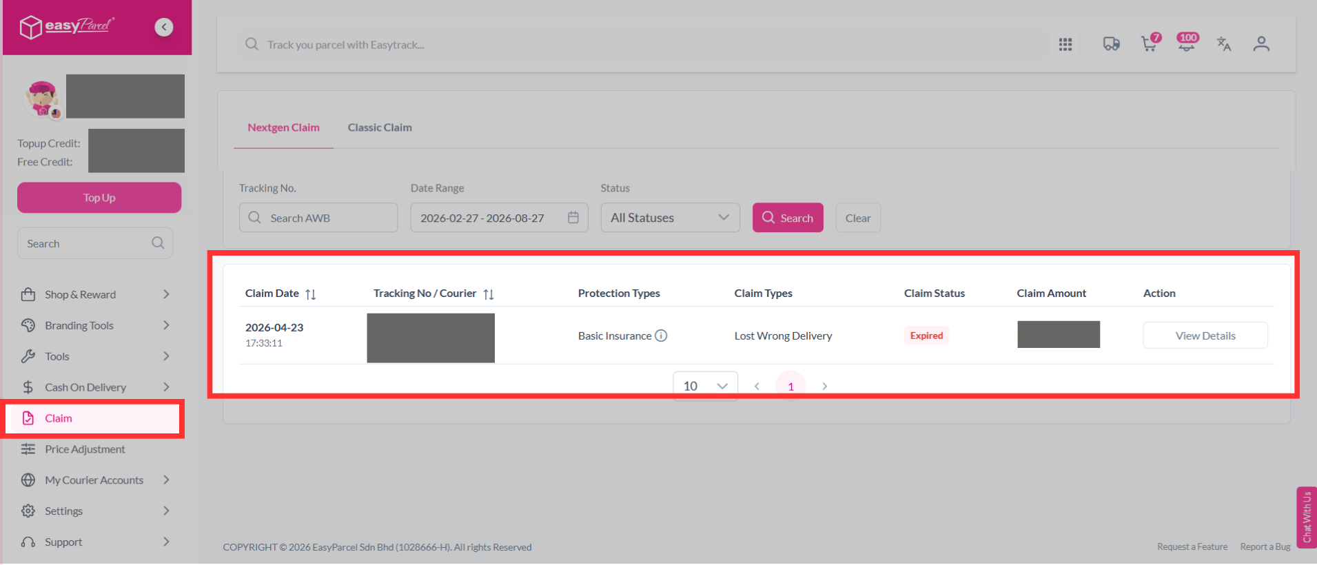 EasyParcel Protection Claims page showing the claim list and status tracker where users can monitor, update, and view their insurance/protection claim progress