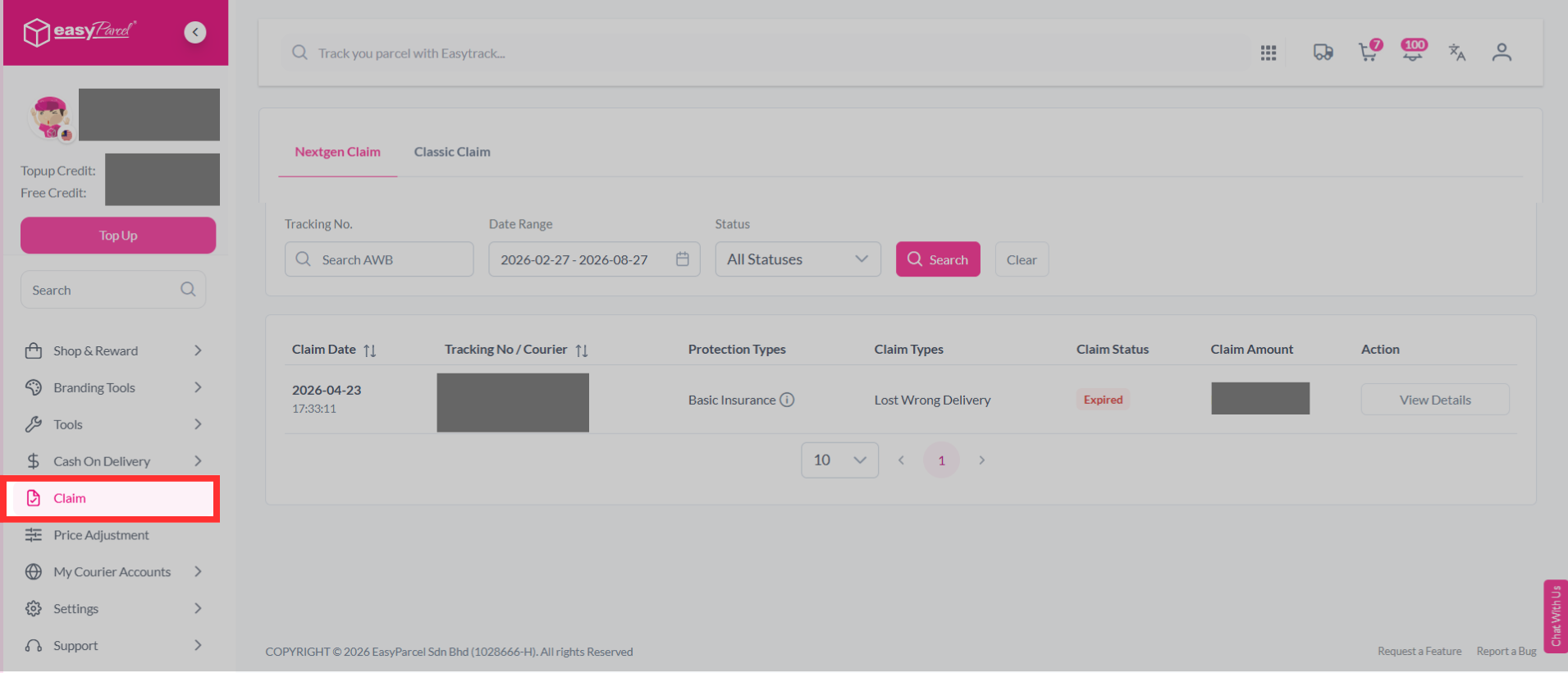 EasyParcel dashboard sidebar showing the 'Protect Parcel' menu expanded with the 'Protection Claim' option selected to view submitted claims