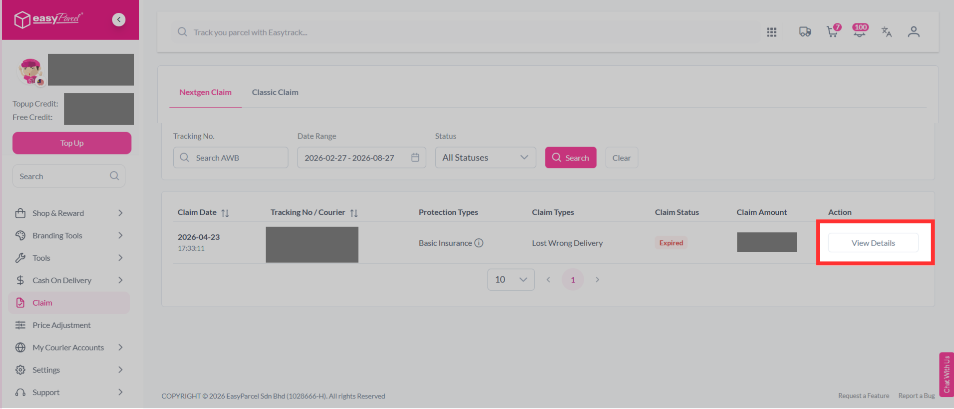 Protection Claim page listing reported parcels with a 'View Details' button to check claim status and progress updates