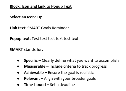 Screenshot showing "Block: Icon and Link to Popup Text" with the content that should be included in that block.