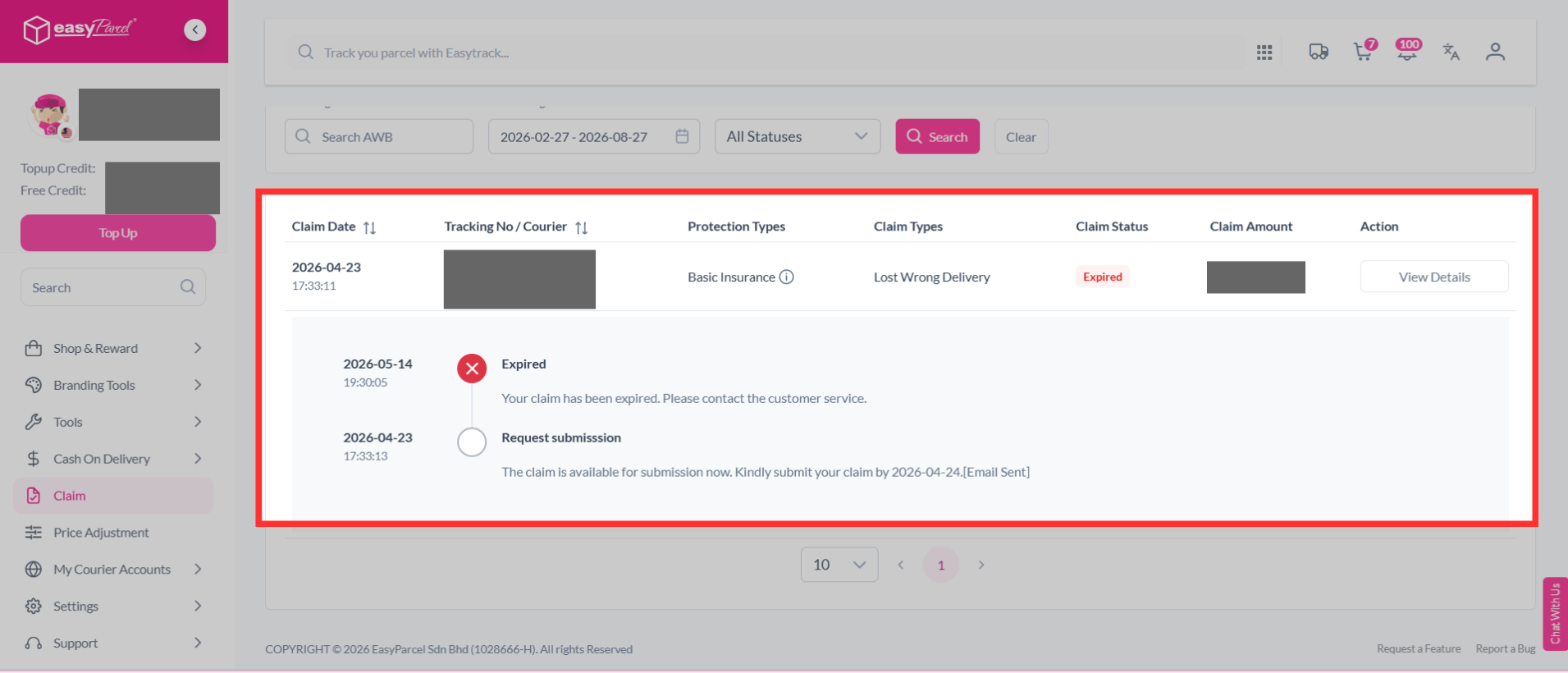 Protection Claims page showing claim submission deadline and time frame details for reported parcels