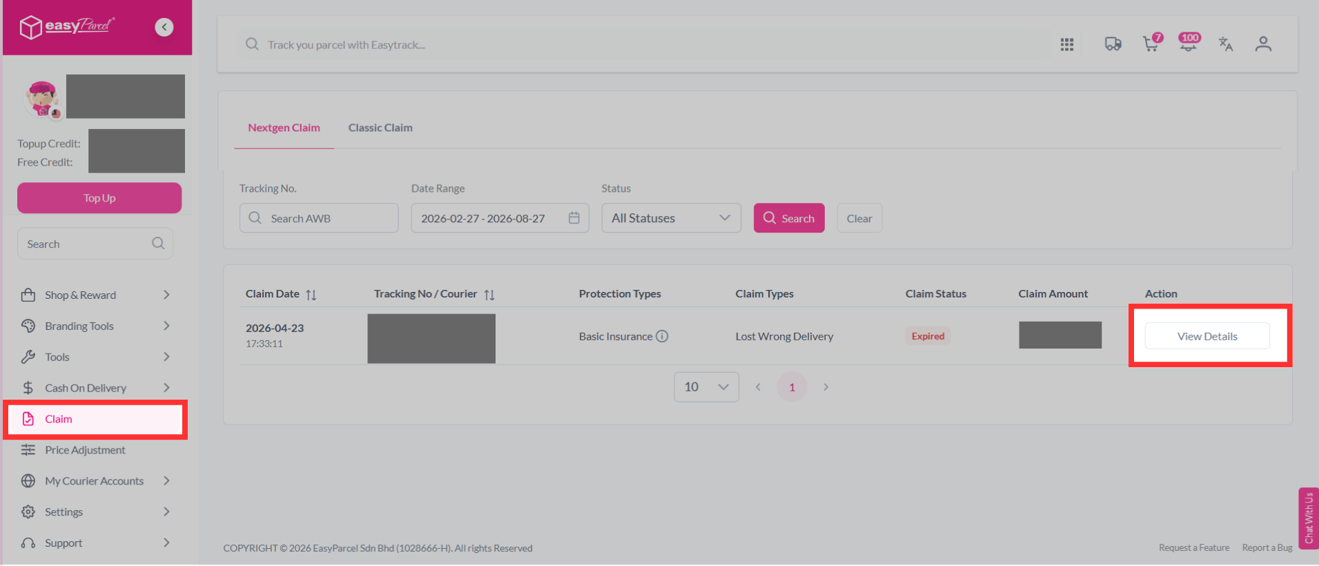 Protection Claims page showing claim submission deadline and time frame details for reported parcels