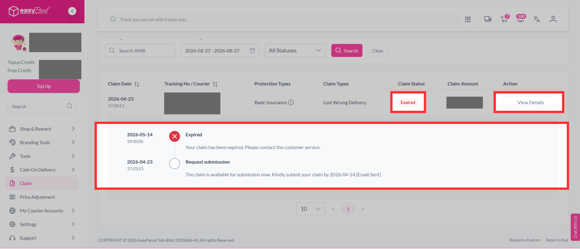 Claim details page displaying document submission deadline and claim status timeline
