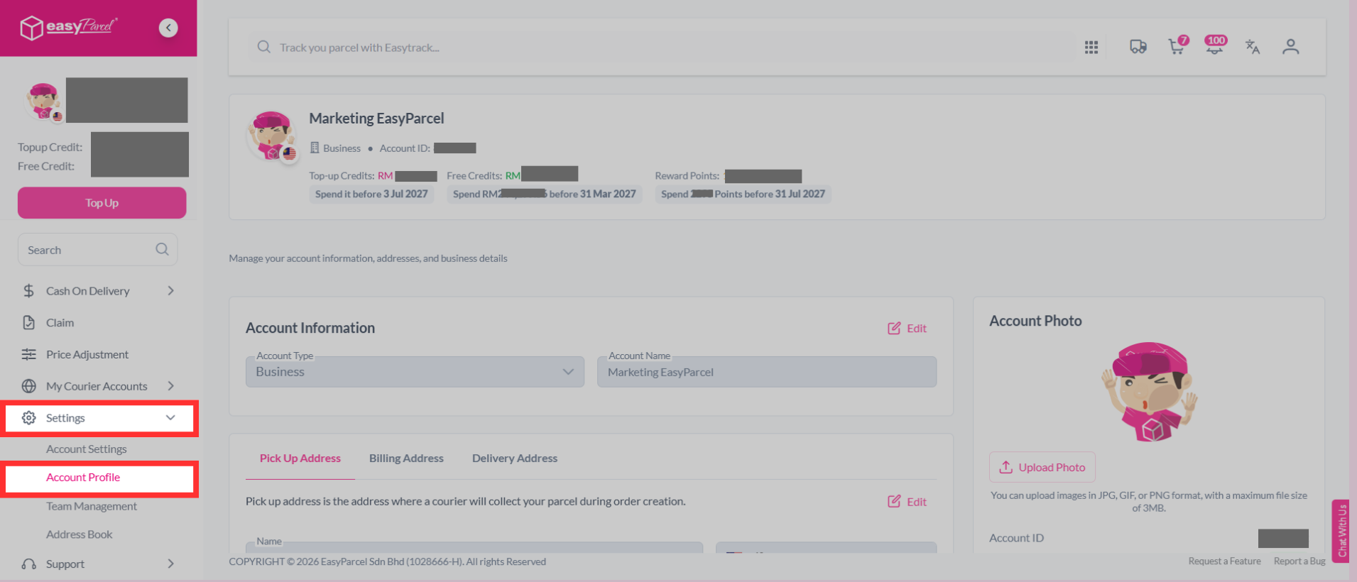Profile dropdown arrow icon beside user profile picture in EasyParcel dashboard