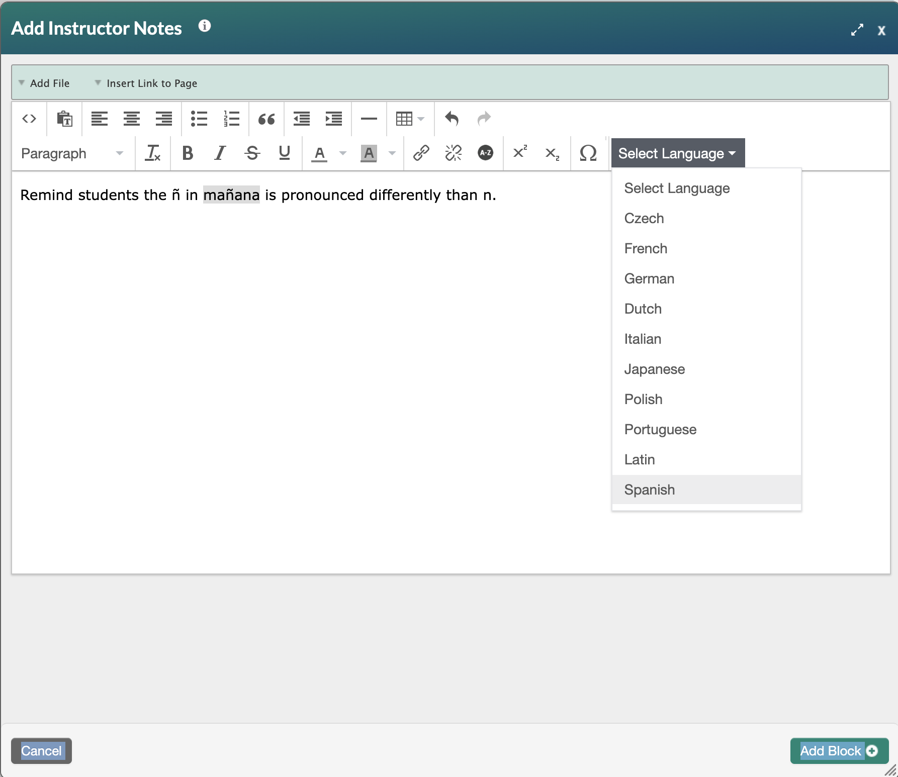 screenshot of the instructor notes block with a spanish word highlighted and the select language dropdown selected