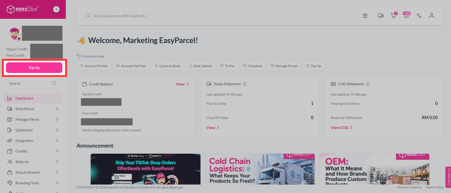 Screenshot of the EasyParcel dashboard sidebar showing the “Top Up” option under the user profile name.
