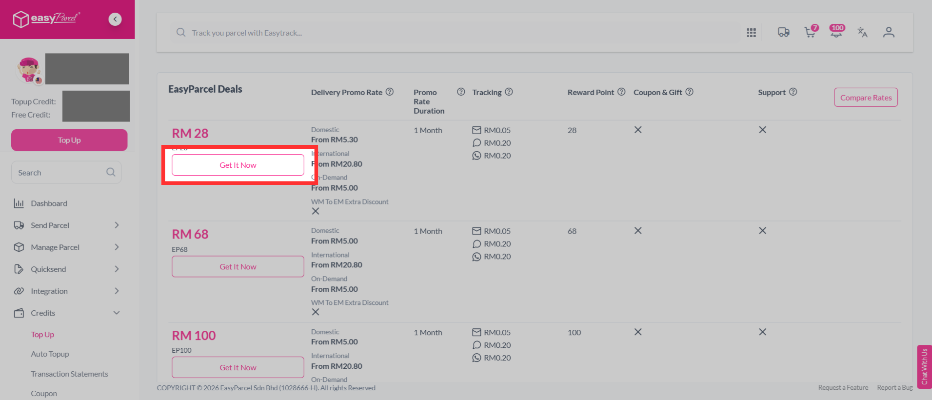Screenshot of the EasyParcel Top Up page displaying available top up packages with a “Get It Now” button.