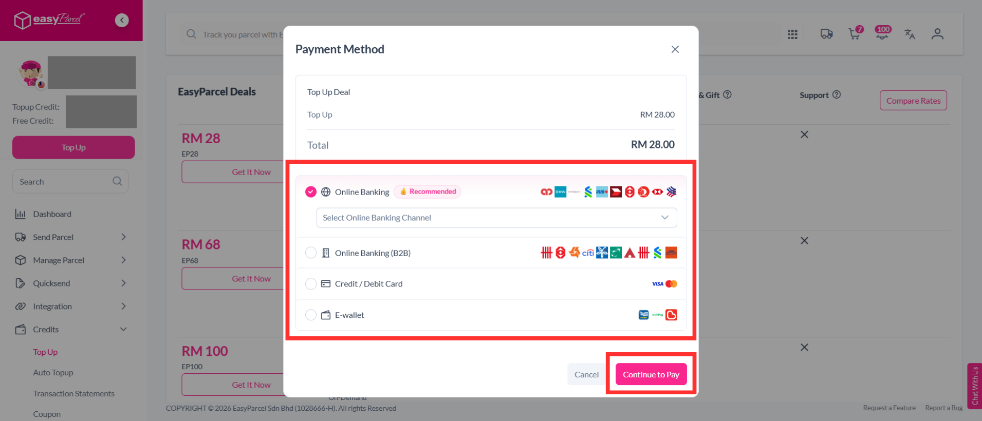 Screenshot of the EasyParcel checkout page showing payment method options (credit/debit card, online banking, e-wallet) and the “Pay Now” button.