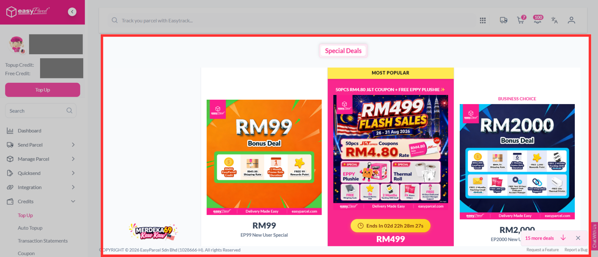 Screenshot of the EasyParcel Top Up packages page showing available packages and their benefits/rates.