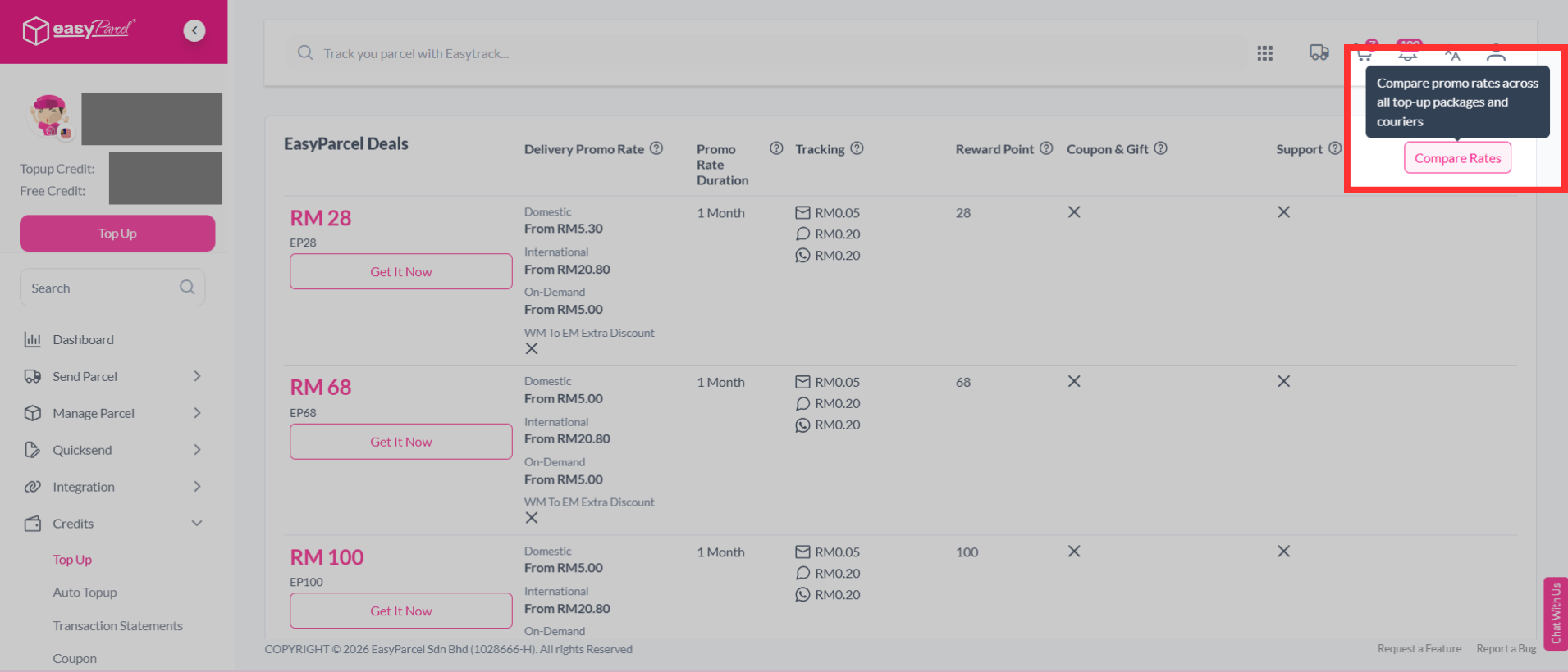 Screenshot showing the “Compare Rates” button on the Top Up packages page for comparing promo rates between packages.