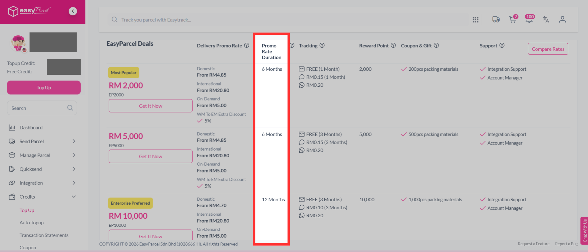 Screenshot showing the “Compare Rates” button on the Top Up packages page for comparing promo rates between packages.