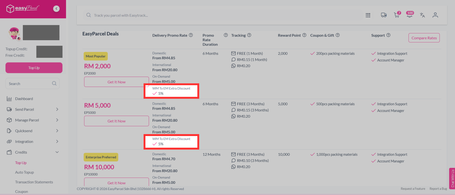 Screenshot showing the WM to EM extra discount information displayed in the EasyParcel Top Up benefits section.