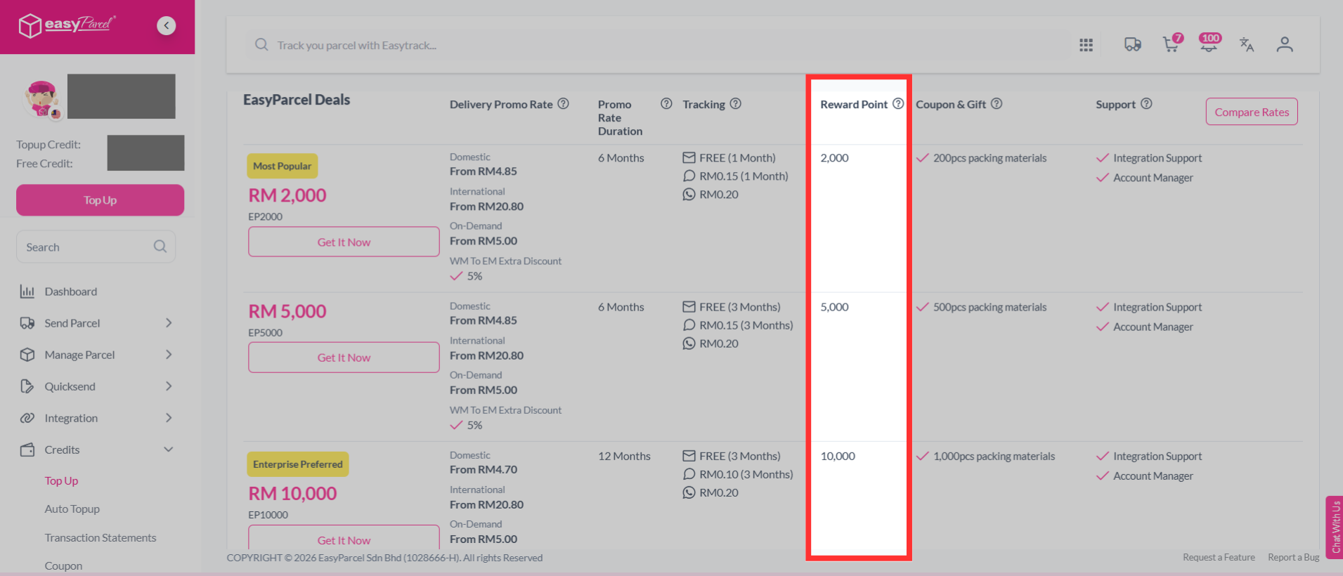 Screenshot showing the EasyParcel Rewards Points section where users can view or redeem points earned from top ups.