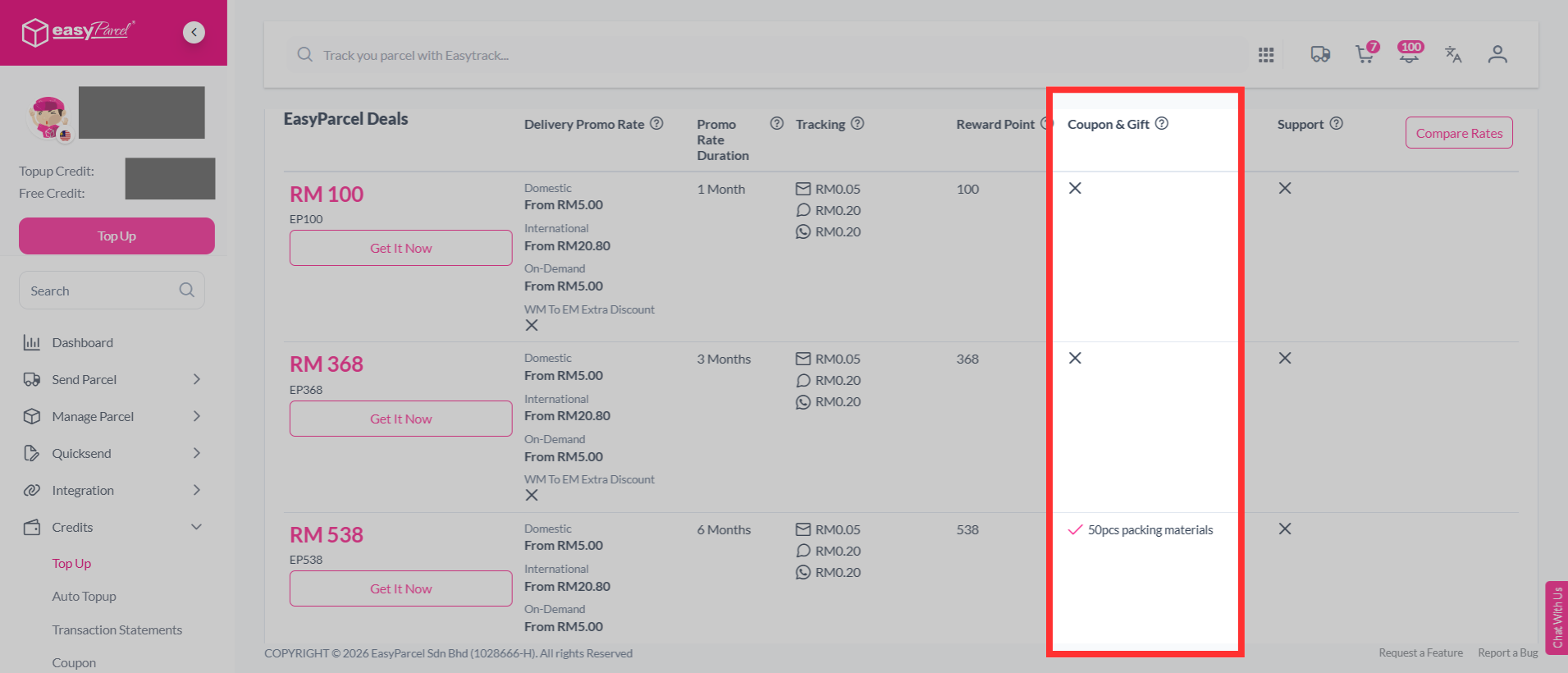 Screenshot showing the page or form to request free flyers/pouches after topping up EP500 or above.