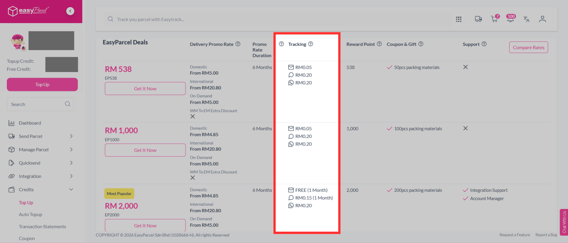 Screenshot showing tracking number notification settings/options (SMS, Email, WhatsApp) in EasyParcel.