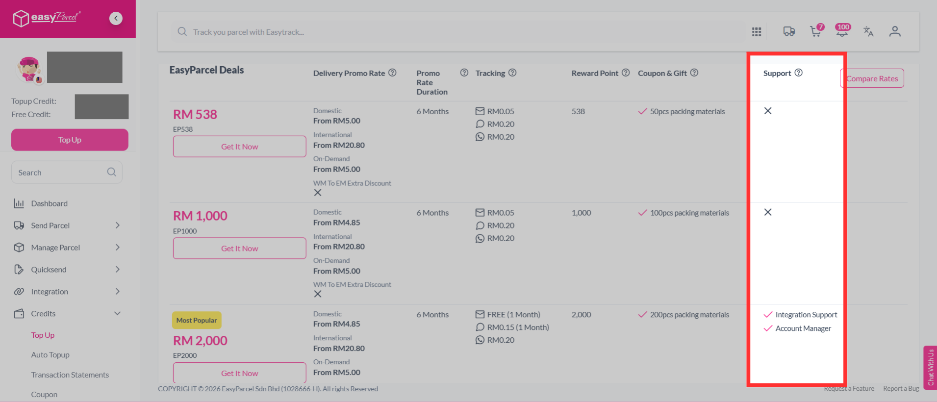 Screenshot illustrating EasyParcel customer support/assistance section available after topping up.
