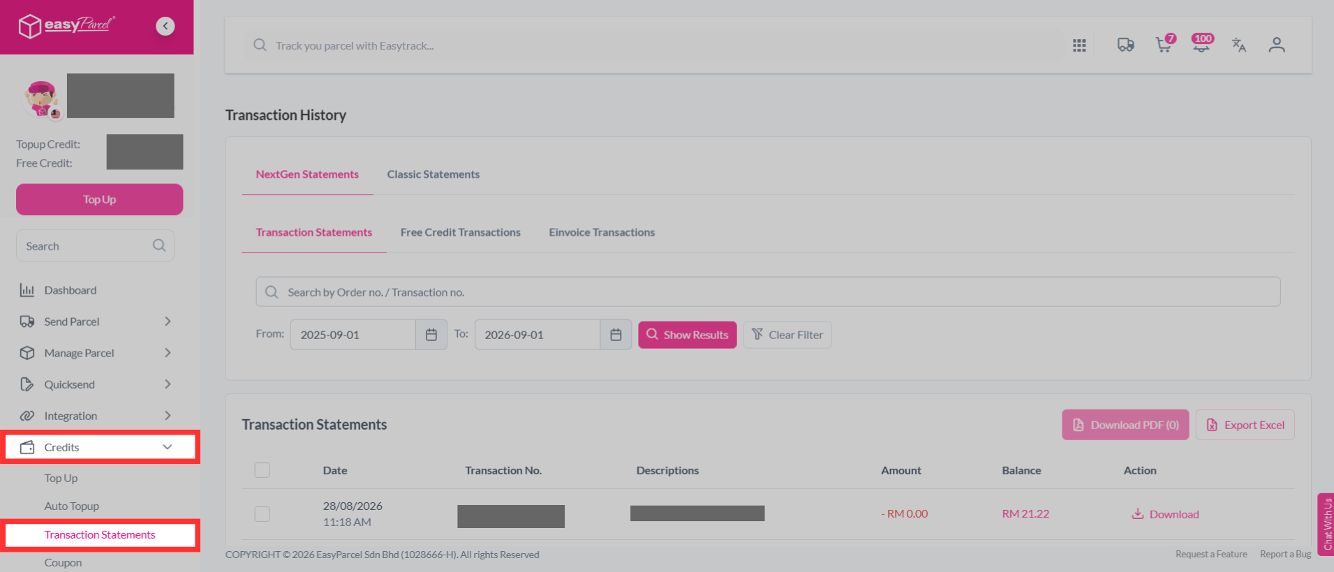 EasyParcel dashboard showing Account menu with Statement option selected
