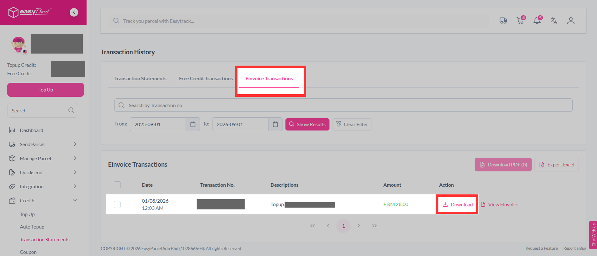 Top Up Invoice page displaying statement history with download icon